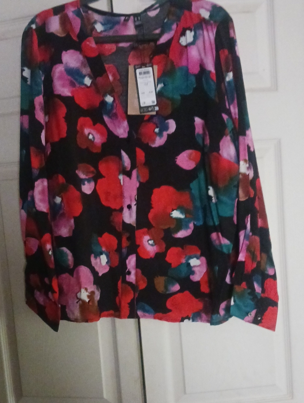 Vero Moda Black Button-Down Blouse with Red, Pink & Teal Floral Print